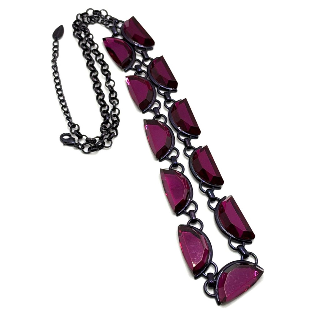 COLDWATER CREEK Violet Purple Half Moon Crystal Necklace Dark Purple Rolo Chain
